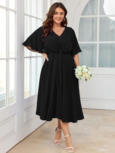 SCOMCHIC Women Plus Size Midi Dresses Wedding Guest Short Sleeve V Neck Tie Waist Casual Summer Flowy A Line Dress2