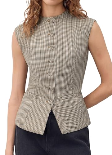 Tankaneo Womens Gingham Suit Vest Tops Round Neck Sleeveless Button Down Fitted Waistcoat Dressy Casual Plaid Blazer Vest