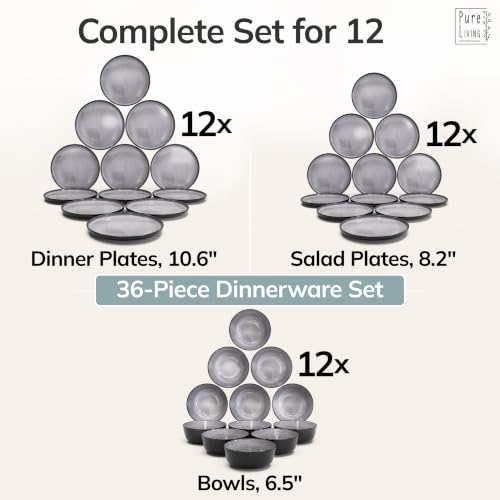 Image of 36 Piece Stoneware Dinnerware Set for 12, Handmade Plates and Bowls Set | Reactive Glaze Coating, Dishwasher & Microwave Safe Dish Set, Chip & Scratch Resistant Dishware Set, Ibiza Dark Gray