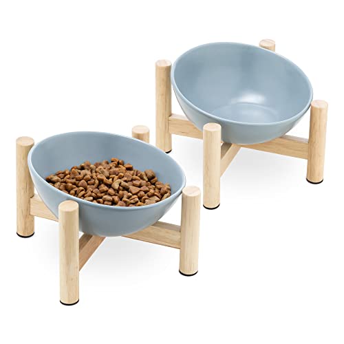 Navaris 2X Futternapf Katze mit Holzhalter - Futterstation 2X Keramiknapf für Katzen Hunde - Keramik Hundenapf Set Futterbar mit Holz Unterlage