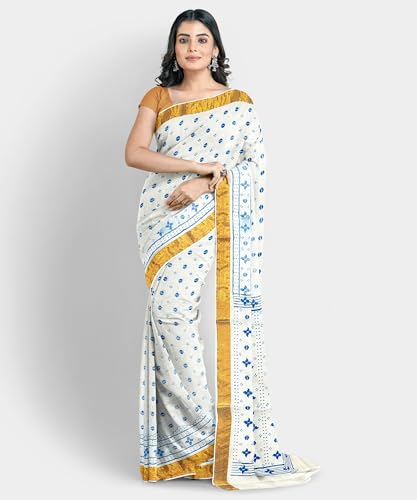 Image of eC ESHA'S COLLECTION Women's Kerala Cotton Floral Motif Printed Zari Bordered Tant Saree Without Blouse Piece