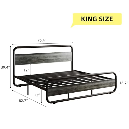 Image of King Size Bed Frame, Wood Headboard and Footboard, LED Lights, Grey | Metal Platform with Heavy Duty Metal Slats Support /12 in Under-Bed Storage /Noise-Free /No Box Spring Needed /Easy Assembly