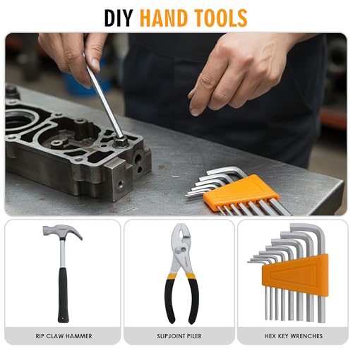 Image of 100 Pcs Tool Kit - DIY Hand Tool Set for Home Repairs & Maintenance - Tool Box with Tools Included Plier, Hammer, Adjustable Wrench, and Hex Key Set (2.96, Kilograms) (Yellow, 100)