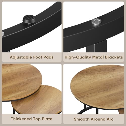 Smuxee Nesting Coffee Table Set of 2, 27.6 Round Coffee Table Wood Grain Top with Adjustable Non-Slip Feet, Industrial End Table Side Tables for Living Room Bedroom Balcony Yard