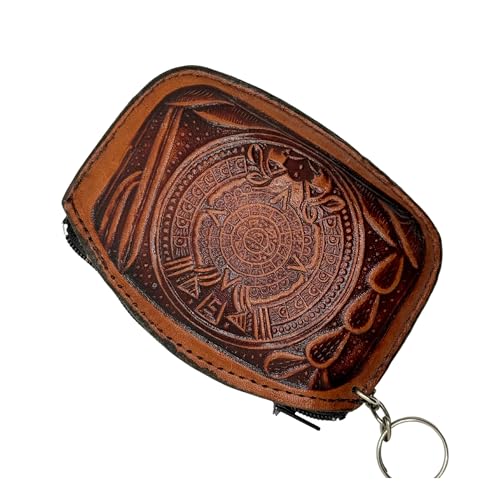 Mexican Leather Coin Pouch with Aztec designs in Assorted Colors 1pc | Monedero Mexicano de Piel con figuras Aztecas - MexART, Beige4