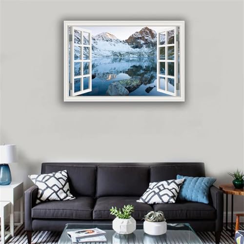 Vue de fenêtre en trompe-l'œil : toile lac d'hiver pour illuminer un salon sombre