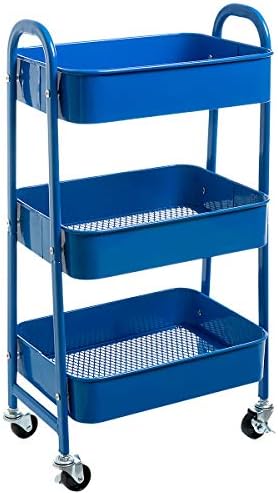 AGTEK Makeup Cart, Movable Rolling Organizer Cart,3 Tier Metal Utility Cart, Aristocratic Blue