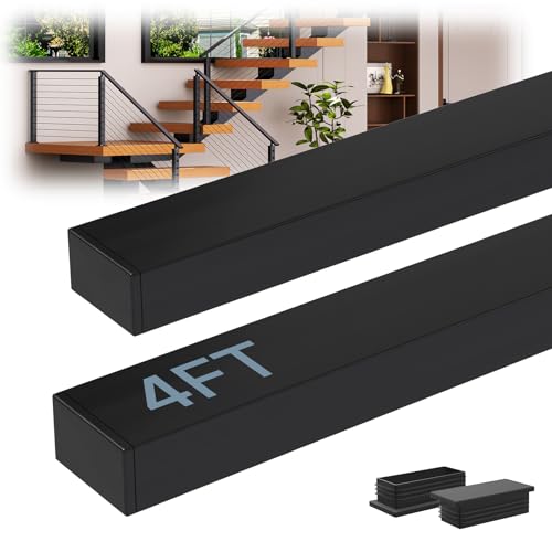 Image of Modular 2Pack 4FT Stainless Steel T304 Black Handrail for Cable Railing with Nylon End Cap Kits, 2.36 inch W x 1.18 inch H Cuttable Flat Handrail Rectangular Top Rail for Stair Railing Indoor Outdoor