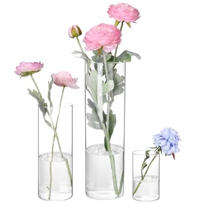Fixwal 3pcs Flower Vase Clear Glass Cylinder Vases, 4, 8, 12 Inch Tall Cylinder Vases for Centerpieces Floating Candle Holder Vase for Table Shelf, Party, Wedding, Home Decor