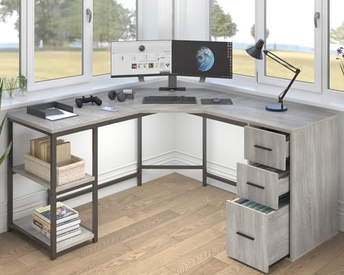 LVB L-förmiger Gray Eckschreibtisch mit Stauraum, Wendbarer Eckschreibtisch in L-Form, Computertisch mit Aktenschrankregalen für Heimbüro
