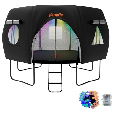 Trampoline Tent for 12 FT 8 Curved Pole Round Trampoline, 12 FT Trampoline Tent with LED Light, Outdoor Trampoline Tents Canopy, Anti-UV Anti-Tear Sun Protection, Black (Tent Only) Cover