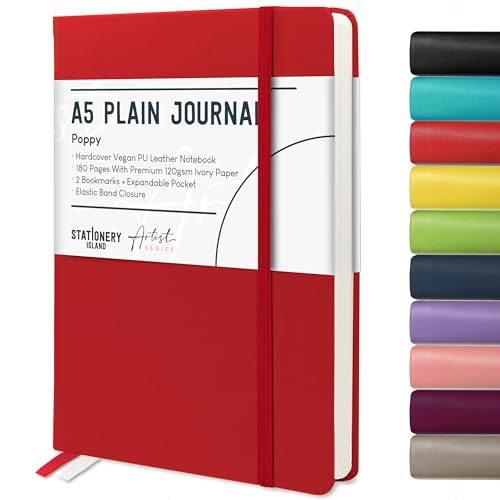 STATIONERY ISLAND A5 Unlined Notebook,Plain Journal Hardcover with 120gsm Premium Thick Paper, 180 Pages Hardback Blank Note book for Writing, Working, Study, Poppy
