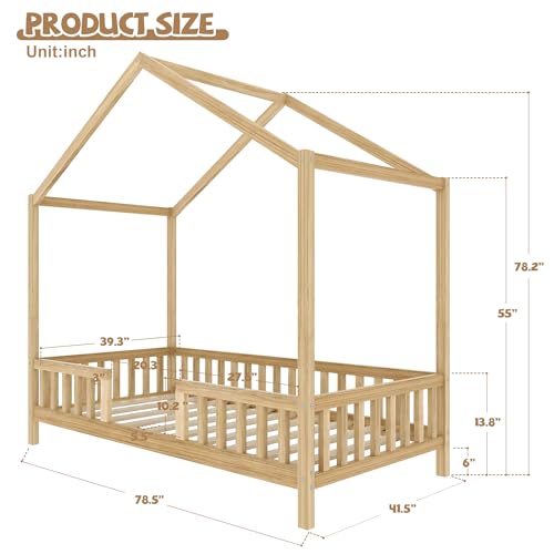 Image of Twin Size Wood House-Shape Platform Bed with Roof Frame and Canopy, Montessori Floor Bed with High Railings and Slat Support for Kids Girls Boys, No Box Spring Needed (Natural-05, Twin)