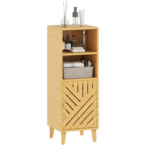 HOMCOM Armario de Baño Estrecho Mueble Auxiliar de Baño 32x30x90 cm con 2 Estantes Abiertos Puerta y Patas de Bambú Estilo Moderno para Espacios Pequeños Natural