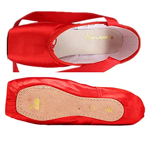 Nexete Ballet Dance Pointe Shoes, Dance Slippers Ballet Dance Flats with Toe Pads & Ribbons, for Girls Women Black Pink Red (1 Little Kid, Red)