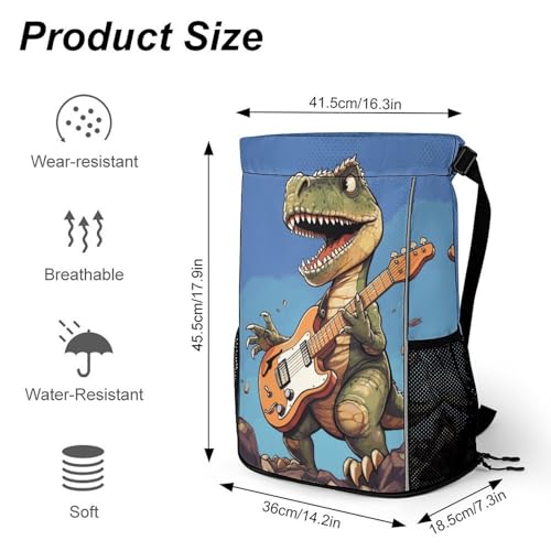 Drawstring Gym Backpack with Shoe Compartment And Wet Pocket, 28L Lightweight Waterproof Dinosaur Playing Guitar Sports Backpack for Workout Swim Beach Travel String Bag for Men Women2