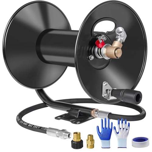 MEKOH Pressure Washer Hose Reel 100 ft x 3/8” or 130 ft x 1/4”, 4000PSI Heavy Duty Power Washer Hose Reel with M22-14 Fitting, Hand Crank Metal Reel with Wall/Trailer/Van Mount, Requires Assembly