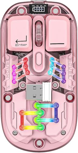 Image of Wireless Transparent Mouse Dual-Mode 2.4GHz /BT5.0 Bluetooth Metal Roller Silent Rechargeable RGB with USB Receiver Power Indicator Light Mouse for PC,Laptop,Mobile,Tablet (Pink)