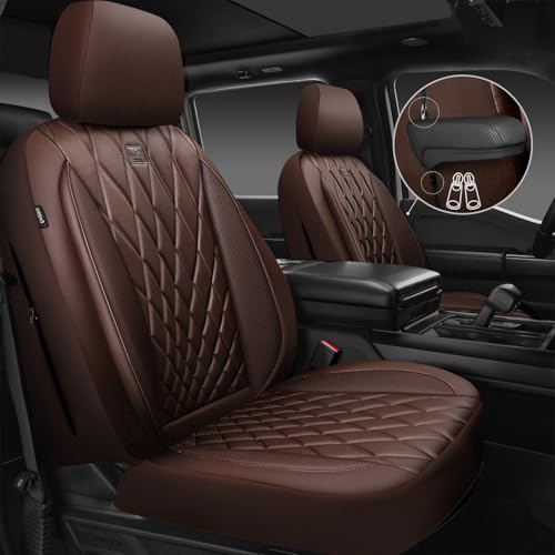 Image of CAR PASS Piping Luxury Faux PU Leather Two Front Car Seat Covers, Waterproof Anti Slip Seat Covers Compatible with Front Seat Armrests,Universal Fit for Suvs,Vans,Trucks,Airbag Compatible, All Brown