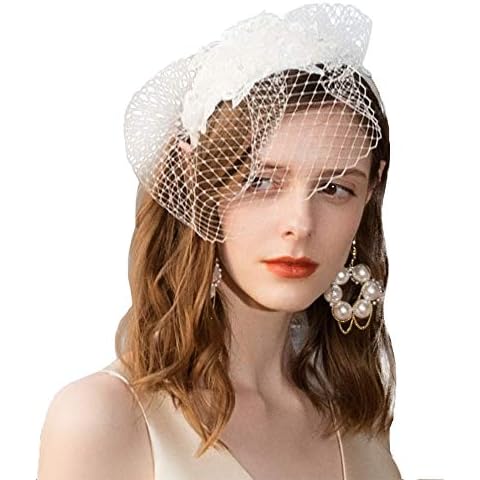 F FADVES Ladies Flower Veil Fascinators Cocktail Tea Party Banque Wedding Headwear, White, S/M Cover