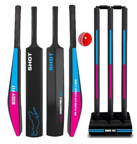 Image of Bodyfit Heavy Duty Plastic Premium Cricket Kit Set | Lightweight| Full Size| | Hard Plastic Bat| Premium Cricket Wicket Set l 3 Stumps+2 Bails+1 Stand Set, 1 Ball. (Black-FBluePnk)