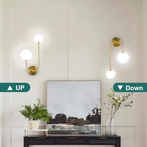 Image of Milk Glass Wall Sconce Gold Wall Sconces Set of Two Mid Century Modern Sconces Wall Lighting 2 Light Globe Sconce for Bedroom Living Room Hallway Wall Light Fixtures
