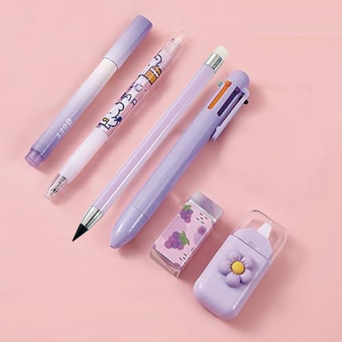 MOZXIRZ 6 Pcs Cute Purple Stationery Set for Women Back to School Supplies Office Supplies Including Gel Ink Pens 6-in-1 Ballpoint Pens Pencil Eraser (Purple) - Image 2