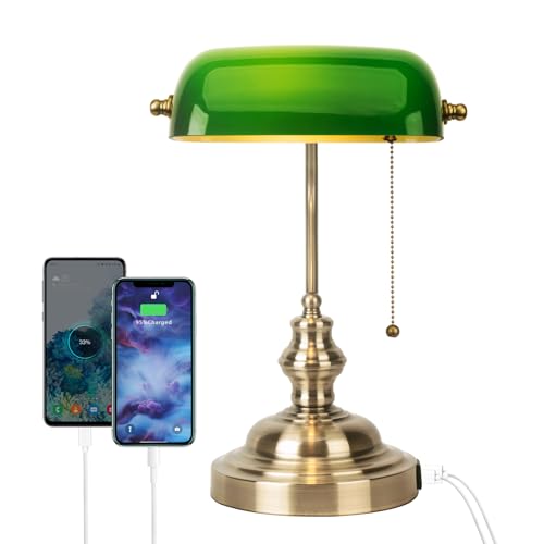 FIRVRE Lampada da scrivania banchieri in vetro verde E27 Lampada da tavolo vintage classica tradizionale con porta USB Interruttore a catena in metallo antico in ottone