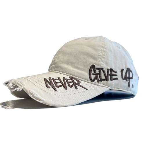 Never Give Up Embroidered Distressed Cap, Snapback Baseball Hat for
