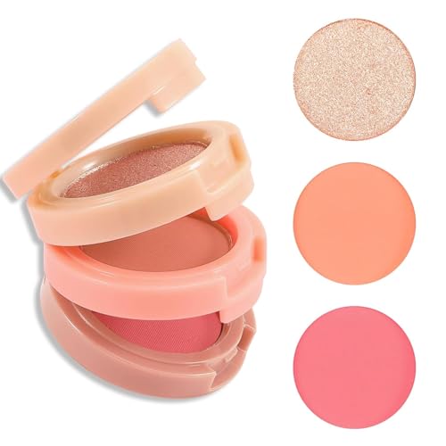 3-in-1 Matte Blush and Highlighter Palette, 2 Pearl Blushers, 1 Highlighter, pink and peach matte blusher mini compact case