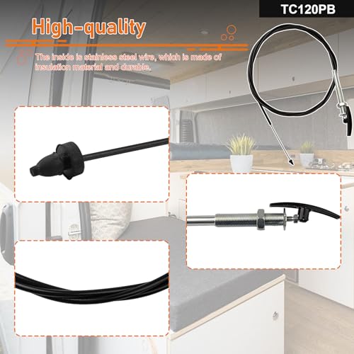Image of TC120PB 120'' RV Sewer Waste Valve Cable with Handle, 10ft 1 /4 Inch Width Stainless Steel Inner Wire, Fit for Valterra & Bladex Cable Actuated Valves, for 110016, Flexible RV Dump Valve Control Cable