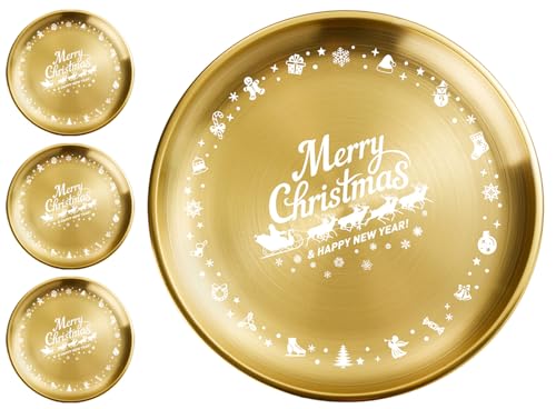 XIAOYU 4 Stück Weihnachtsteller aus Edelstahl, runde Essteller aus...