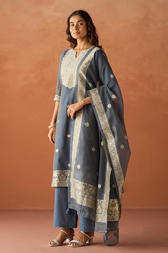 Image of FIORRA Women Cotton Jacquard Woven Kurta Set with Dupatta
