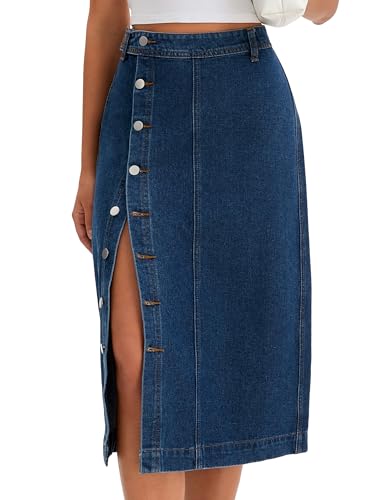 Women Denim Midi Skirt High Waisted Button Up Casual Slit Jean Skirts