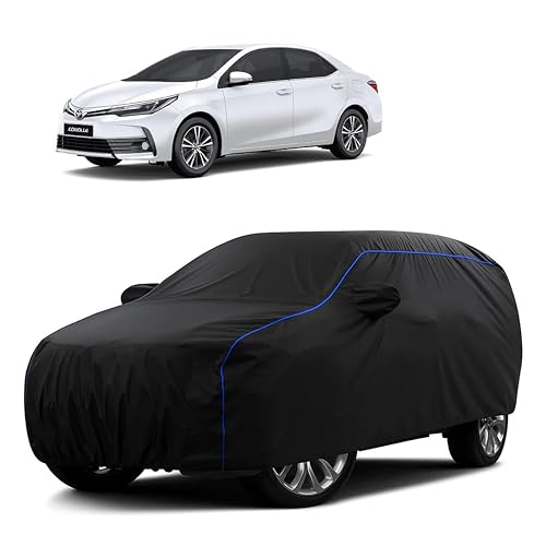 Image of Sulfar 100% Water Resistant Car Body Cover Compatible with Mirror for Toyota Corolla Altis (Triple Stitched, Full Bottom Elastic, Black Tafetta with Blue Piping)