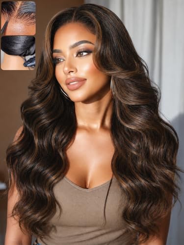 KLAIYI Bye Bye Slip™ Golden Brown Highlight Body Wave Glueless Precut 7x5 Lace Front Wigs Human Hair Drawstring Pre Plucked Bleached Knots Ombre 3S Ready to Wear and Go Wig with Dark Roots 180% 16Inch