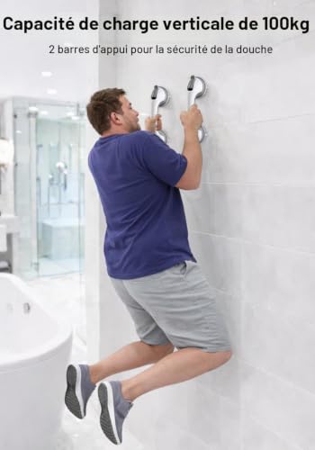 Barre d’appui douche sans perçage, lot de 2 poignées de sécurité à ventouse puissante, antidérapantes, maintien stable pour salle de bain, toilettes et surfaces lisses, aide à la mobilité – vue 6