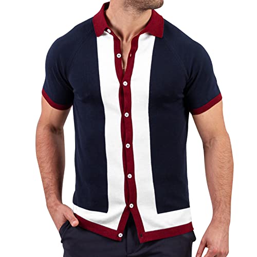 Mens Fashion Casual Single Breasted Lapel Striped Knit Cardigan Short Sleeve T Shirt Thick Cardigan Sweater Men Navy #TOP26