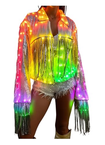 LEDPATY Women Sequin Coat LED Light Up Fringe Tassel Disco Cowgirl Outfit Theme Festival Glitter Coat(Silver L)