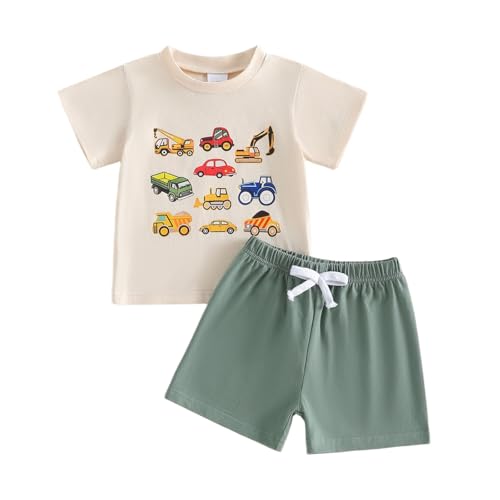 Fernvia Toddler Baby Boy Summer Clothes Set 2T 3T 4T 5T Truck Excavator Print Short Sleeve T-Shirt Elastic Shorts Outfits (A-Green 3-4T)