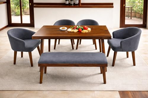 Image of DaneWood Wooden Dining Table 6 Seater | Six Seater Dinning Table with Upholstered 4 Dining Chairs & 1 Bench for Home | Dining Room Sets for Restaurants | Sheesham Wood | Honey Finish & Grey