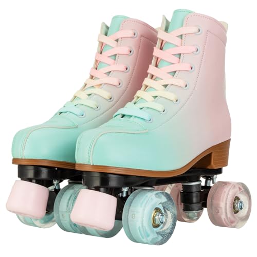 Image of Roller Skates for Girls and Women, Cozy PU Leather Gradient Color Skates with Flash Wheels, Indoor Outdoor Skates for Beginner
