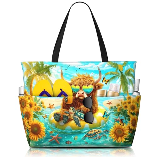 Koctwin Funny Beach Tote Bag Highland Cow Beach Bag Waterproof Sandproof Lightweight Women Tote with Zipper Highland Cow Gifts for Women for Pool Trip Gym Grocery Travel Daily