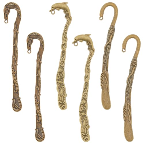 SUNNYCLUE 12Pcs Hook Bookmark Metal Hook Bookmarks Bulk Tibetan Style Antique Bronze Mermaid Dolphin Horse Bookmark Blanks with Hanging Loops Hairpin Stripe Carved Book Marks for Crafting Reading