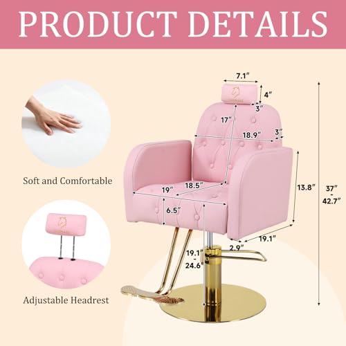 Image of Vintage Barber Chair,360 Swivel Salon Chair with Reclining,Adjustable Height,Professional Stylist Chair with Heavy-Duty Hydraulic Pump,Spa Equipment for Barbershop,Beauty,Home (Matte Pink)