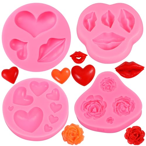 Valentines Day Cake Fondant Molds Heart Rose Lip Shape Candy Chocolate Silicone Molds Decorating Baking Mold for Valentines Wedding Anniversary Party 4Pcs