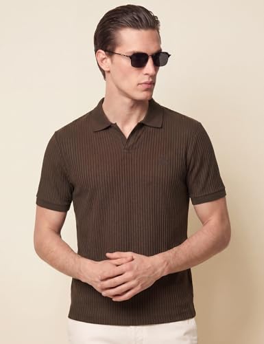 Image of DAMENSCH Men Striped Texture, Cotton-Rich Comfort, Easy Regular fit, Solid Colours Striped Polos