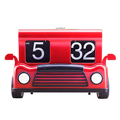 Retro Car Head Automatic Flip Down Clock, Digital Mechanical Easy Read Internal Gear Operated Wall/Desktop Clock for Home Office Decor, Red