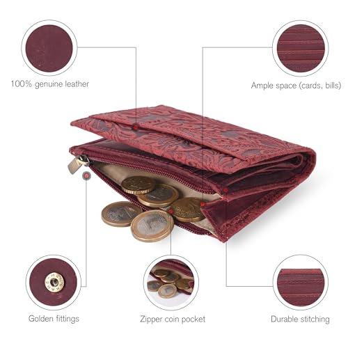 Image of Oak Leathers Leather Wallet For Women - Small RFID Coin Purse Credit Card & ID Holder for Ladies, Gift for Women's, Bifold Wallets (Crazy Horse Red Flower)