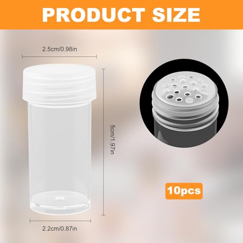 10PCS 10ML Clear Mini Baby Powder Container Travel Size, 2X1'' Mini Seasoning Bottles & Travel Powders Container With 13 Holes Sifter and Lids for Glitter Powder/Eye Shadow2